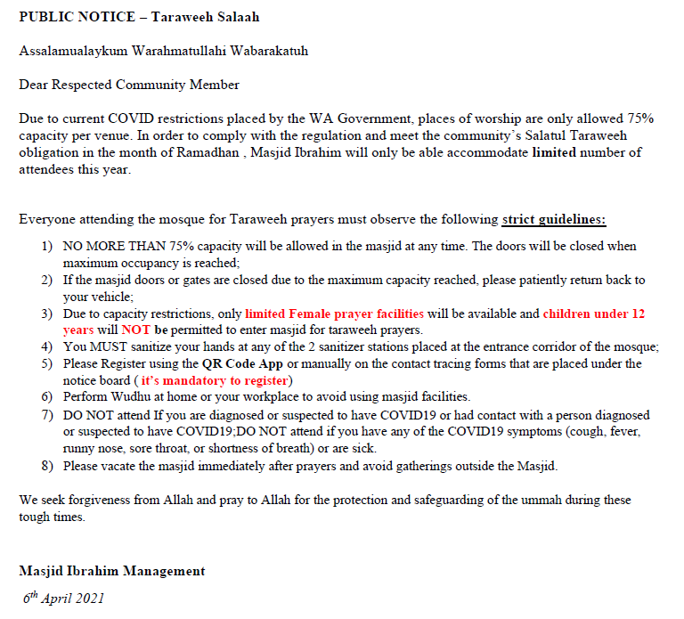 Taraweeh Salah 2021 - Public Notice