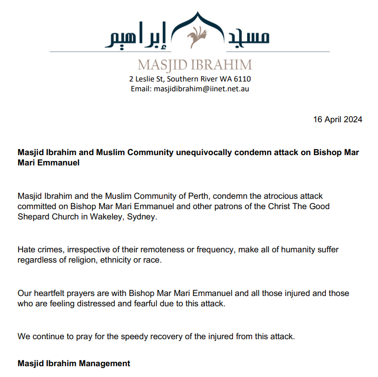 Masjid Ibrahim and Muslim Community unequivocally condemn attack on Bishop Mar Mari Emmanuel